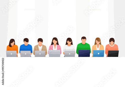 Eight people sitting in a row working on their laptops