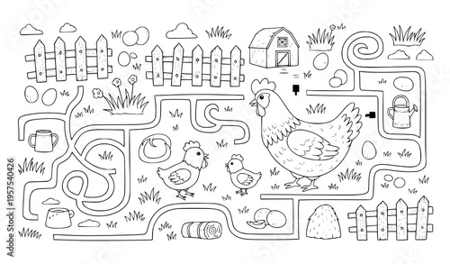 Cute farm maze vector of mother hen and chick activity page for kids black and white isolated on white