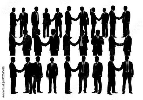 Silhouettes of business people shaking hands in various poses