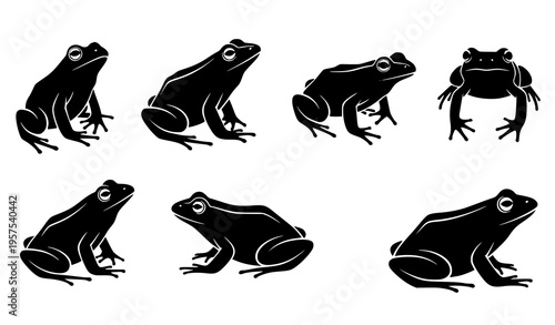 Minimal frog silhouette vector clipart set isolated on white black amphibian icons for stickers and decoration