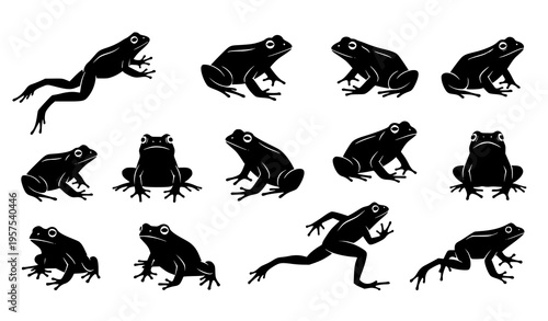 Playful frog silhouette vector icons set black amphibian clipart isolated on white for logo and sticker