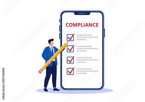 Businessman standing next to large smartphone with compliance checklist on screen