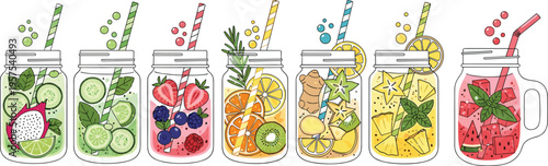 Healthy detox fruit water vector set featuring glass mason jars filled with refreshing infused drinks like dragon fruit cucumber strawberry lemon ginger and watermelon isolated on white background