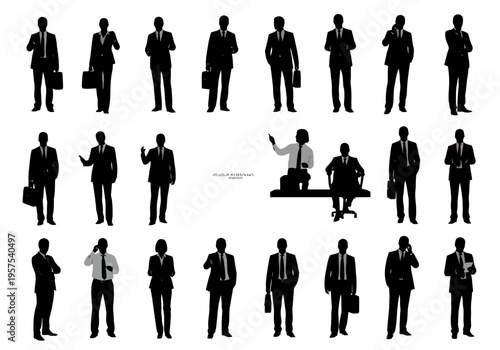 Collection of business people in various poses and actions in black silhouette
