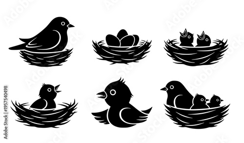 Minimal bird in nest silhouette vector icons isolated on white black wildlife clipart for logo and sticker