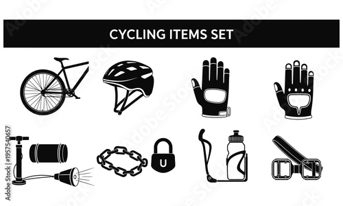 Cycling items set including bike, helmet, gloves, tools, and accessories indoors
