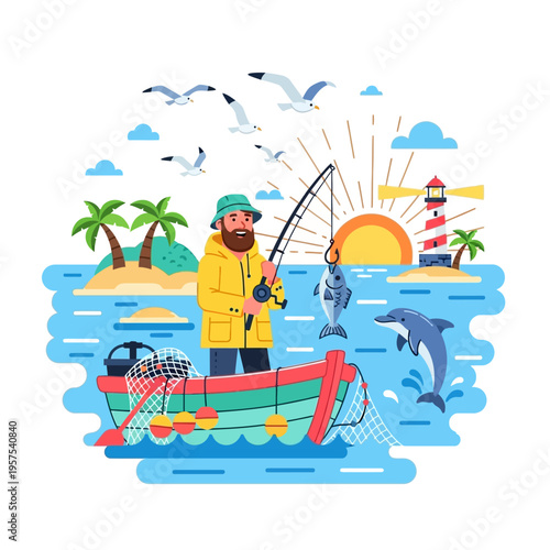 Fisherman on boat catching fish, dolphin jumping, island, lighthouse, sunny day