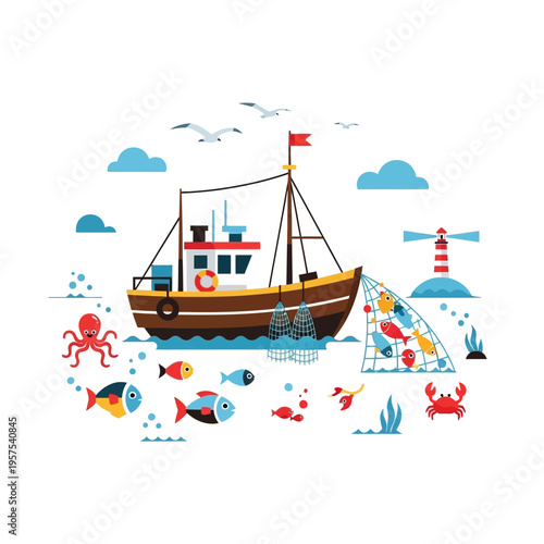 Fishing Boat Catching Colorful Fish with Nets, Octopus, Crab, Lighthouse