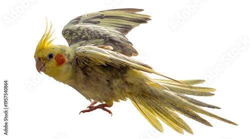 Photos Yellow and grey cockatiel parrot in dynamic flight pose with wings spread wide, isolated on transparent background