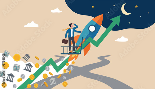 Trading stock crypto price rising high moon, crypto currency value soaring sky rocket,to make profit success investment, rocket stock crypto currency graph flying high moon