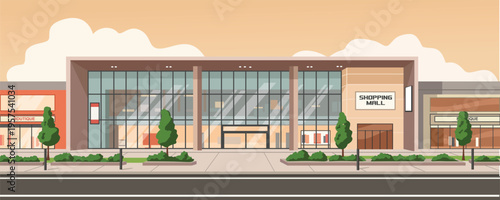 Modern Shopping Mall Exterior Flat Illustration. Afternoon at shopping mall. Shopping center. City mall park. Mall park.