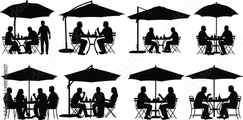 Black and white vector illustration set of people sitting at outdoor café tables under umbrellas, symbolizing social interaction, dining, and leisure activities.