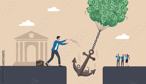 Monetary policy lower inflation, keep cost expense low profit, FED central bank interest rate control metaphor, businessman government burden anchor tie in to money dollar balloon