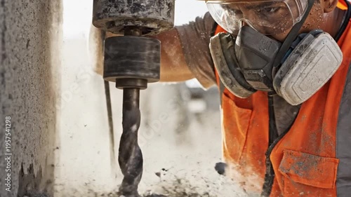 Construction worker using a jackhammer to break concrete on a sunny day.