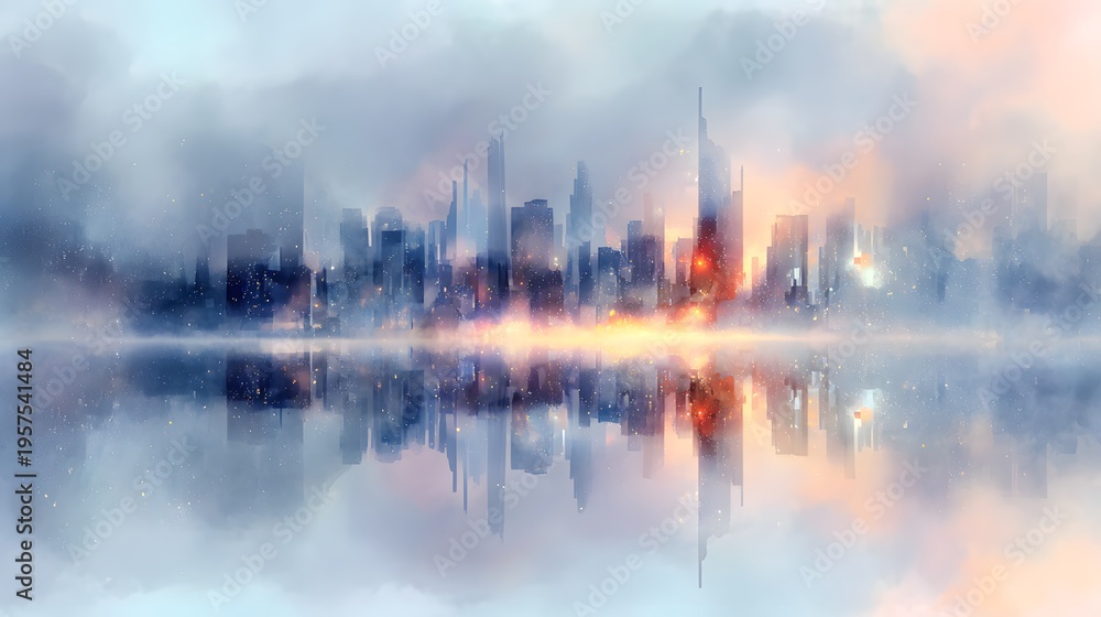 Naklejka premium Futuristic city skyline reflected serene lake ethereal watercolor illustration modern design concept