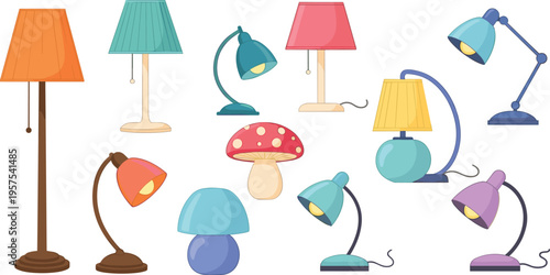 Modern and Vintage Lamp Vector Icon Set Featuring Tall Floor Lamp, Mushroom Light, Table Lamps, and Desk Lighting for Home Decor and Office Design