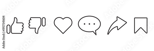 social media interface icon set in line style. like, unlike, comment, share, message, thumb and save, contact simple black style symbol sign for apps and website, vector illustration.