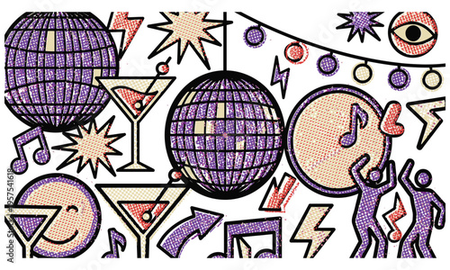 Vibrant party scene with disco balls and people dancing outdoors at night