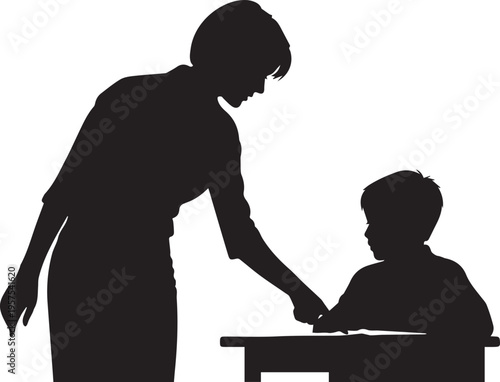 Teacher helping student at desk vector silhouette illustration for education and learning