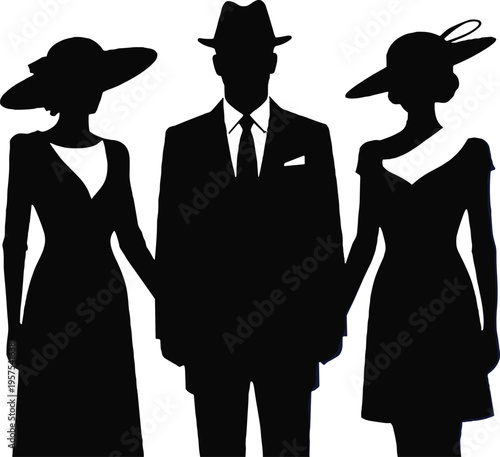 Elegant Vintage Fashion Silhouette Group, Man in Suit and Hat, Women in Classic Dresses and Fascinators, Retro Formal Wear, Sophisticated