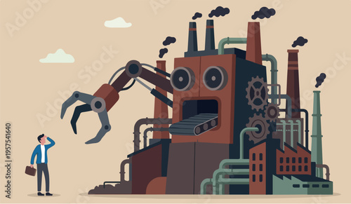 Entrepreneur small business fight with large company,Big industrial fear business competition, threats conflict concept struggle businessman look at big company competitor in same business industry