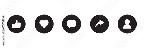 social media interface icon set in line style. like, unlike, comment, share, message, thumb and save, contact simple black style symbol sign for apps and website, vector illustration.