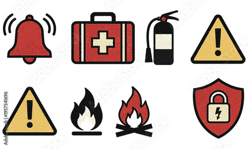 Emergency response icons depict safety equipment and warning signs