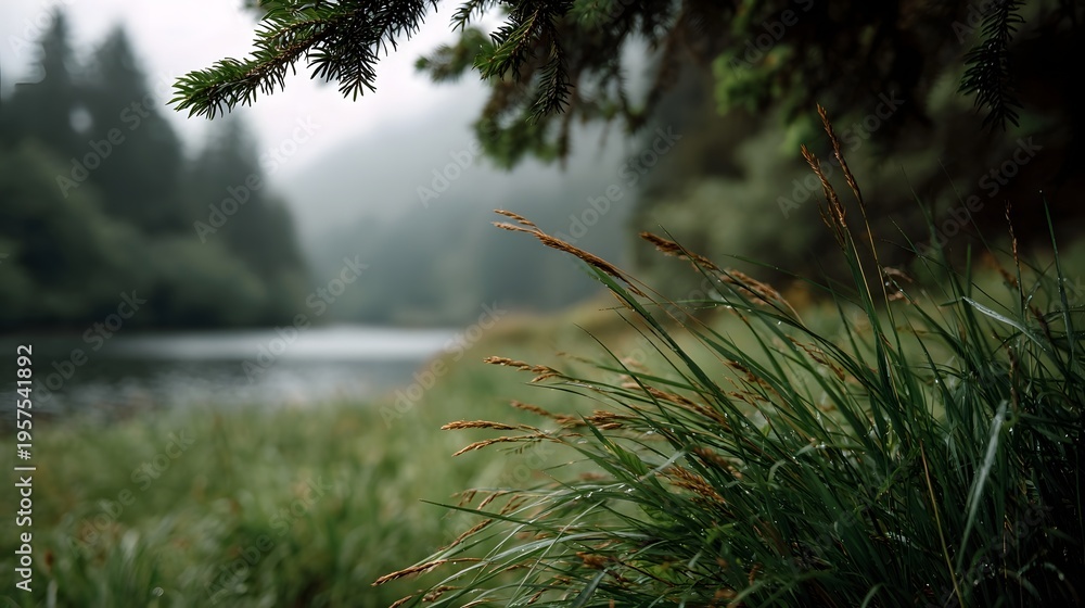 Naklejka premium Serene misty landscape with wet grass and pine foreground beside a tranquil lake