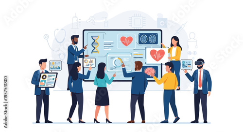 Digital Healthcare Innovation & Data Analysis. Diverse Medical Team Collaborating on Advanced Health Technology and Patient Information on Interactive Screen.