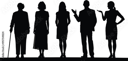 Diverse People Silhouette Group, Senior Woman with Walking Stick, Adults Standing Together, Business Professional Gestures, Community Inclusion, Aging and Healthcare Concept