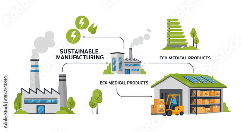Sustainable Manufacturing of Eco Medical Products Infographic. Green Production Process, Supply Chain, and Logistics for Environmentally Friendly Healthcare Supplies.