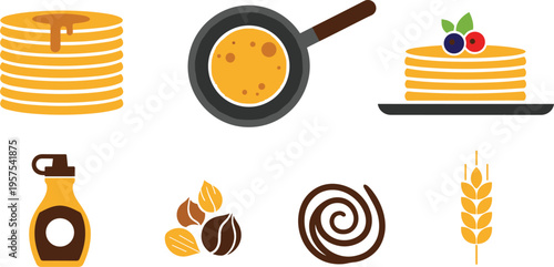 Pancake Breakfast Vector Set with Syrup Butter Berries Frying Pan Wheat and Sweet Dessert Elements Isolated on White Background for Food Design