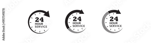 24 hour service icon vector set. 24h order execution symbol, 24x7availability, instant assistance and emergency help, fast service. Modern clean vector symbol isolated on white background.
