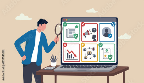 Fake news or false information spreading website and social media, screening verify truth to before sharing believe concept, man magnifying glass verify is fake news website computer