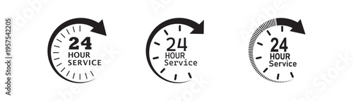 24 hour service icon vector set. 24h order execution symbol, 24x7availability, instant assistance and emergency help, fast service. Modern clean vector symbol isolated on white background.