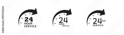 24 hour service icon vector set. 24h order execution symbol, 24x7availability, instant assistance and emergency help, fast service. Modern clean vector symbol isolated on white background.