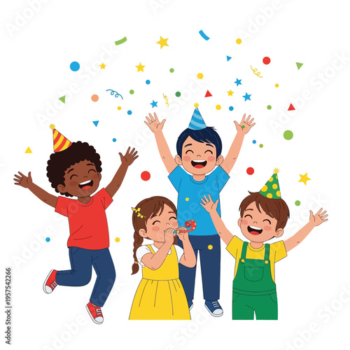 Happy diverse children celebrating with confetti and party hats, joyful childhood fun