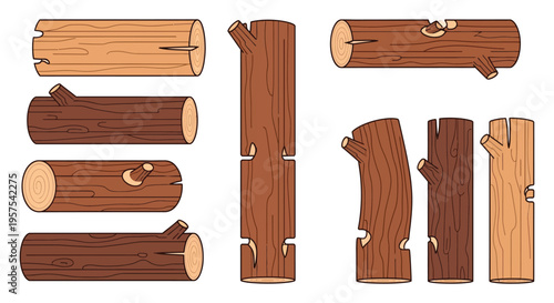 A collection of cartoon wooden logs in varying shapes and orientations presented as a flat silhouette high quality professional detailed modern