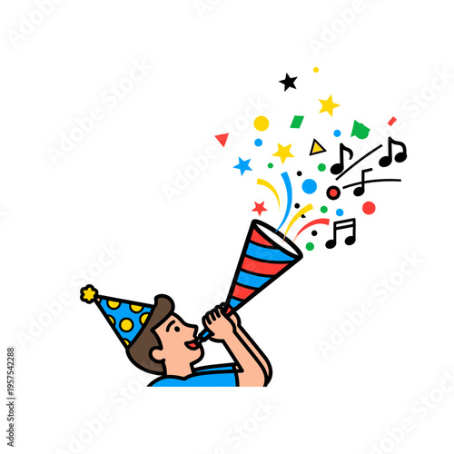 Happy Person Blowing Party Horn with Confetti, Stars, and Music Notes