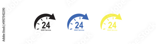 Colorful 24h service icon set featuring modern circular clock symbols with arrows. Representing 24x7 availability, nonstop customer support, and instant assistance. Fast delivery service. eps10