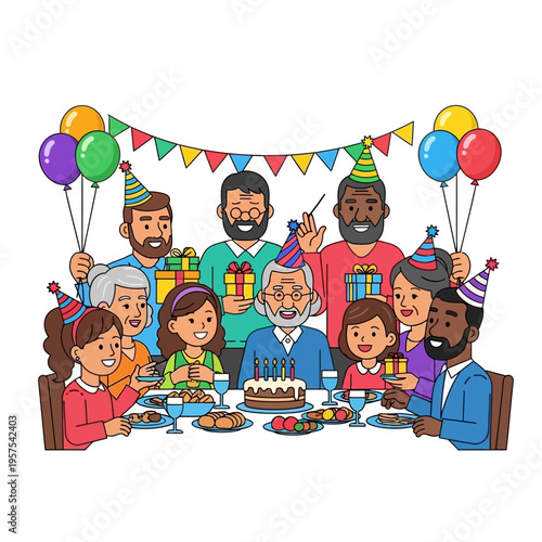 Multi-generational family celebrating grandfather's birthday with cake and gifts