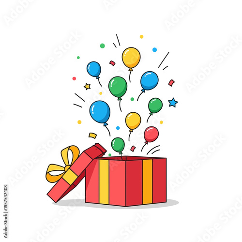 Open Gift Box With Balloons Flying Out - Celebration Surprise