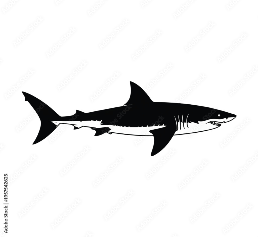 Obraz premium Bold black silhouette of a white shark marine vector illustration EPS PNG file