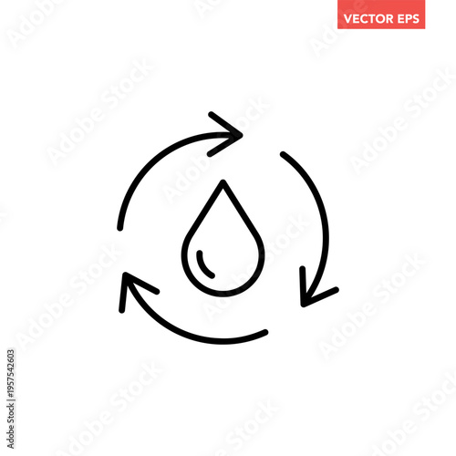 Single black round liquid drip recycle line icon, simple change or refresh water flat design pictogram for app ads logo web banner button ui interface elements, vector isolated on white background