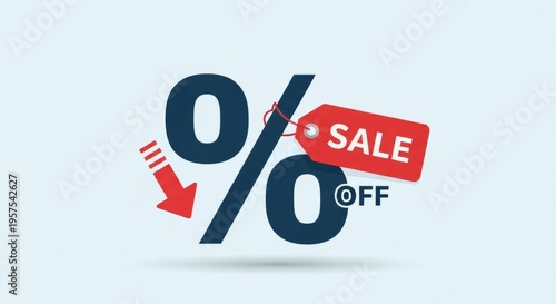 Percentage symbol with red sale tag and down arrow indicating discount and savings