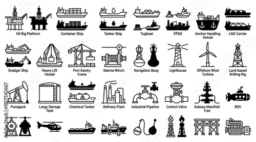 A comprehensive set of line and glyph icons for oil, gas, and maritime industries. Perfect for infographics, presentations, and logistics-themed vector illustrations.