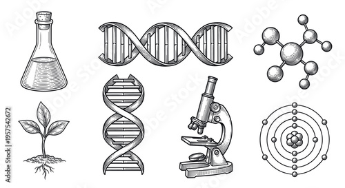 A set of science and biology icons in a vintage, hand-drawn engraving style. Includes DNA, microscope, atom, molecule, plant, and flask. Perfect for education or research.