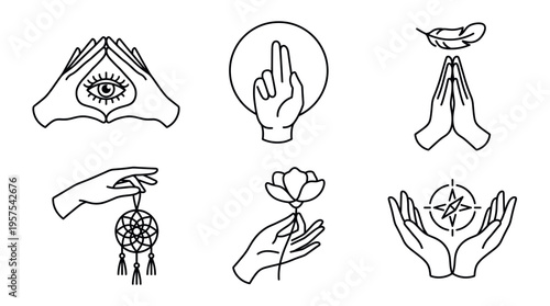 A set of minimalist esoteric icons featuring spiritual hand gestures. Includes all-seeing eye, lotus, and dreamcatcher. Perfect for yoga, wellness, or magical branding.