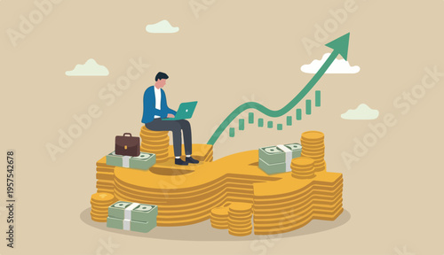 Revenue growth or investment profit increase earning wealth accumulate, growing income to financial analysis concept, businessman working or computer laptop dollar too sign money with rising graph.