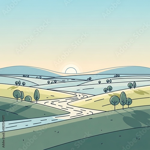 Serene rolling hills and a winding river under a soft sunrise sky